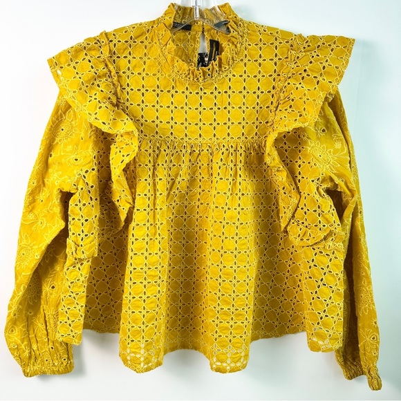 Scotch & Soda Yellow Eyelet Exaggerated Ruffle Top Size M Euro Summer Vibe! - Picture 3 of 13